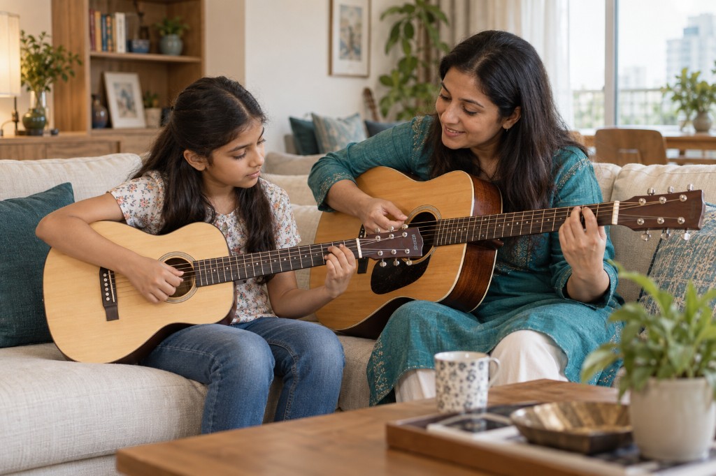 Child practising guitar with an instructor during a lesson at home.