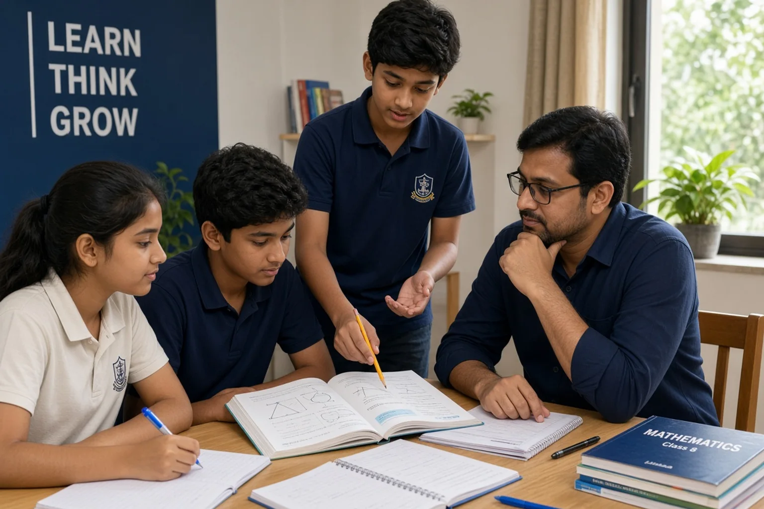 Illustrative Classes 5–12 academic learning with textbooks, notebooks and mentor feedback