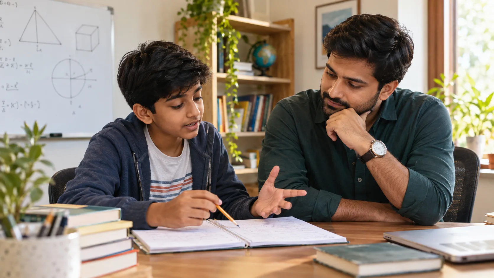 School-age learner explaining a method to peers in a small discussion group