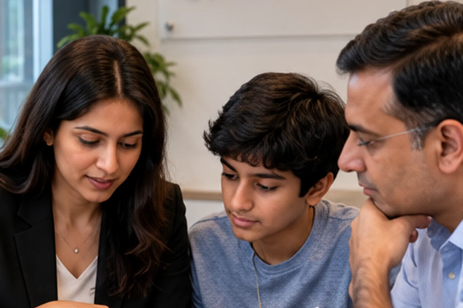 Illustrative mentor giving feedback on schoolwork — review and accountability beside the learning process