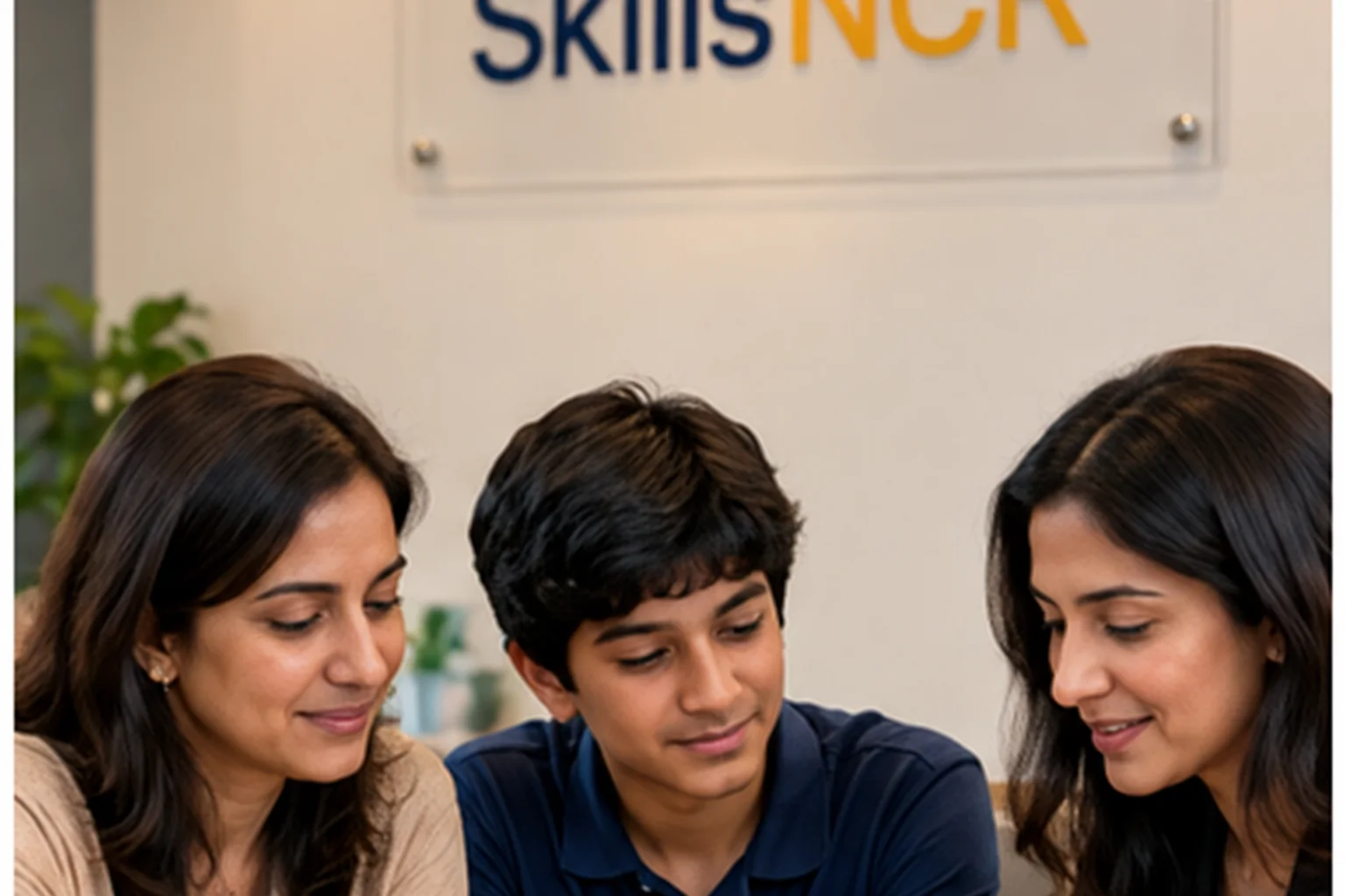 Illustrative parent-visibility learning scene — branded academic environment with progress conversation