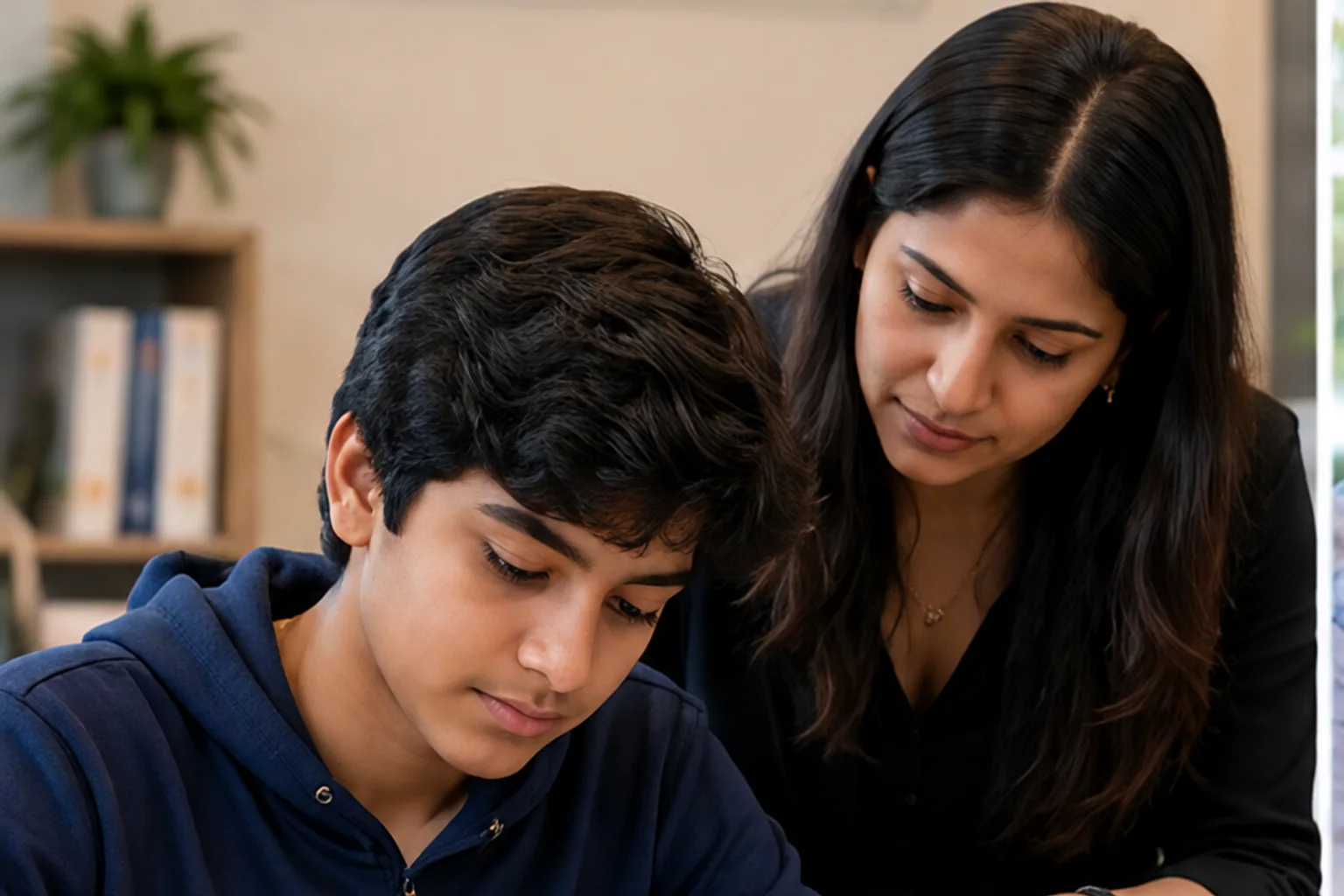 Illustrative branded academic learning environment with mentor and learner reviewing practice